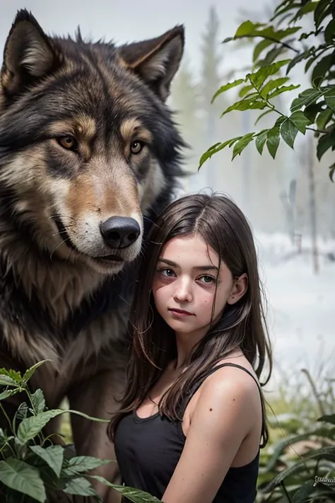 a 18 years old girl with a very big wolf as a friend, he is beautiful, he has grey eyes - they live in a post apocalytic world, covered by vegetation - aquarelle style