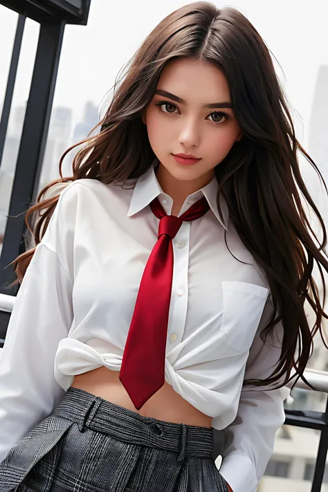 19 year old girl, tousled hair, much too big white crumpled men's shirt, shirt made of trousers, open shirt, red tie with a low knot, black suit trousers, city, dark night, dynamic pose, a sultry gaze, a slightly parted lips, and a hint of a smile, absurdres, masterpiece, 8k, high detail, intricate, best quality