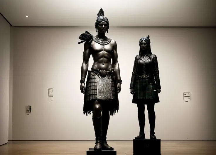 Hyperrealistic art (professional photo of a artistique Sculpture, showing a Sculpture:1.4) with Dawn Clash in Highland Fog, Emerging from the Highland fog, the tribal leader wears armor adorned with ethereal Celtic knotwork. A coif of riveted chainmail guards her head, and the damp mist adds an eerie ambiance to the intricate detailing of her war kilt and chainmail. The photo angle captures the subtle curve of her lips and the focused expression, conveying readiness for the impending clash in intricately adorned armor., <lora:uberfit_lora_sdxl:0.52>, uberfit, (muscular), abs, <lora:xl_more_art-full_v1:0.41>, masterpiece, best quality, CG, wallpaper, HDR, high quality, high-definition, extremely detailed, <lora:add-detail-xl:0.6>, <lora:offset_0.2:-0.53> smooth contrast, <lora:XL_aesthetic:0.23>, <lora:XL_symmetrical:0.35>, (prominently standing in an modern museum in a neutral room:1.2), (Wide shot taken with a Nikon D850 and Nikon AF-S NIKKOR 105mm f/1.4E ED lens), (<lora:offset_0.2:-0.53>, <lora:bokeh:0.42> bokeh), <lora:zoom_slider_v1:-6.73> wide shot . Extremely high-resolution details, photographic, realism pushed to extreme, fine texture, incredibly lifelike<lora:lcm_lora_sd_XLa:1.0>