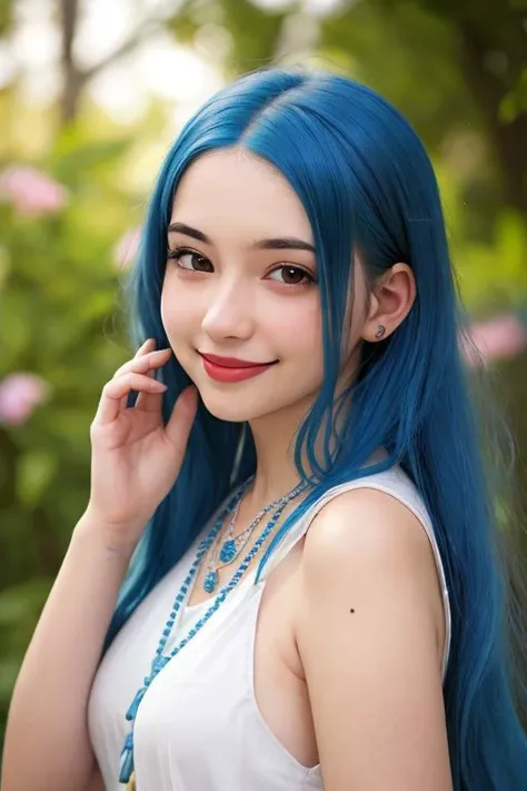 a young woman with blue hair and a flower necklace is posing for the camera, 1girl, solo, mole, looking at viewer, long hair, black hair, mole under mouth, lips, smile, RAW photo, subject, 8k uhd, dslr, soft lighting, high quality, film grain, Fujifilm XT3