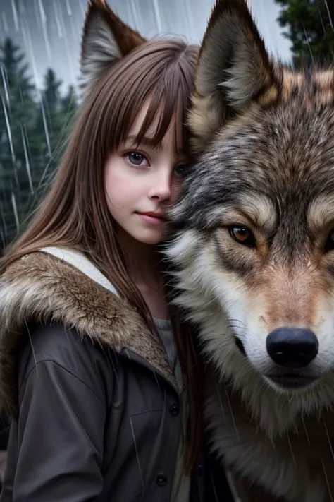 (dynamic angle:1.1), (cute face:1.2), dark sky, (nighttime:1.2), (rainy weather:1.2), detailed skin texture, furry, looking to the side, volumetric light, masterpiece, best quality, intricate details, subsurface scattering, young girl standing next a wolf, in the forrest