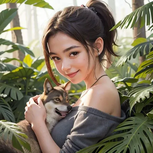 woman,age 20 years with a very big wolf as a friend, covered by vegetation - aquarelle style, ponytail,smile,(masterpiece, best quality, highres),