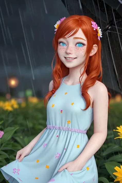hentai art style, looking at the viewer, ((a young red-haired woman)), ((freckles)), ((blue eyes)), ((she is wearing a blue dress with flowers)), ((smiling blushing)), ((rain and wind)), ( (night)), a cute 3D icon of undefined, cartoon 3D icon, very cute shape, stylized octane render, 8k, masterpiece, soooo cute, beautiful cute perfection, beautiful soft lighting, soft colors, centered, high resolution, undefined, soft gradient background