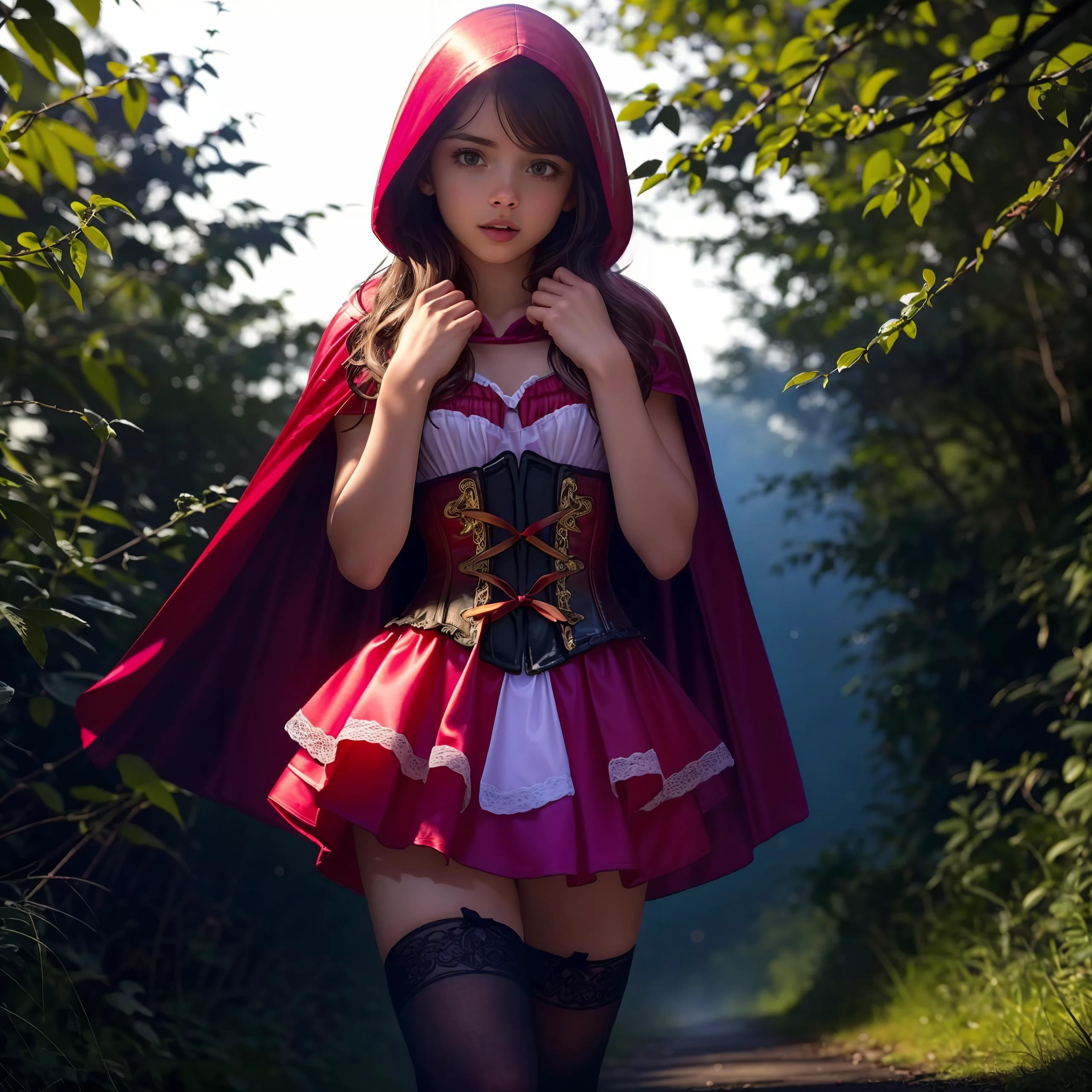 A cinematic shot of a girl, AllaBruletova, dressed as Little Red Riding Hood, (wearing RHG, a red cape and black stockings, corset, miniskirt), walking through a dark and misty forest at (night:1.3), looking at viewer, low camera angle, (highly detailed, high quality, detailed skin texture, subsurface scattering, soft light, dark light, volumetric light, dramatic rim lighting, (deep shadows:1.3), dark sky, stars, masterpiece, 8k, (best quality:1.3), (intricate details:1.1), ultrarealistic) <lora:weight_slider_v2:-1> <lora:age_slider:-1.5>, <lora:edgRedRidingHood_MINI:1>, <lora:LowRA:0.65>