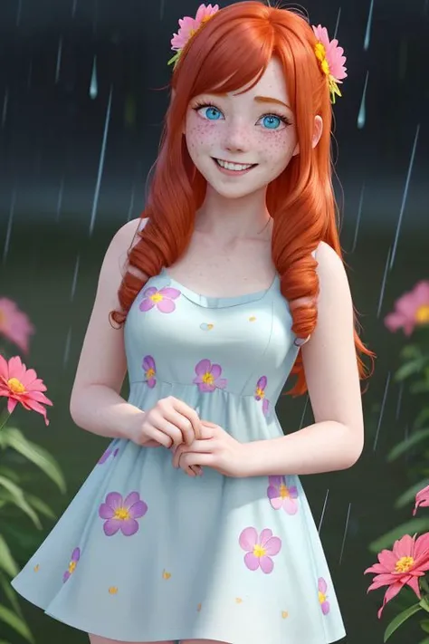 hentai art style, looking at the viewer, ((a young red-haired woman)), ((freckles)), ((blue eyes)), ((she is wearing a blue dress with flowers)), ((smiling blushing)), ((rain and wind)), ( (night)), a cute 3D icon of undefined, cartoon 3D icon, very cute shape, stylized octane render, 8k, masterpiece, soooo cute, beautiful cute perfection, beautiful soft lighting, soft colors, centered, high resolution, undefined, soft gradient background