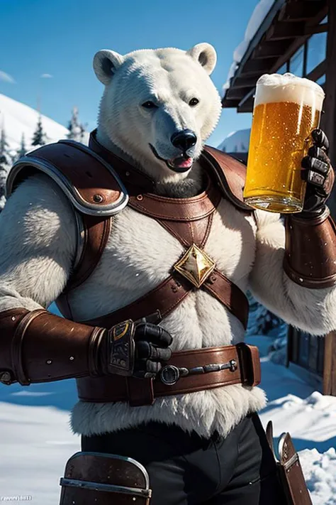 polar bear in full armor, holding a beer, anthropomorphic, super detail, ultra hd, 8k, real life, maximum facial detail, cinematic lighting