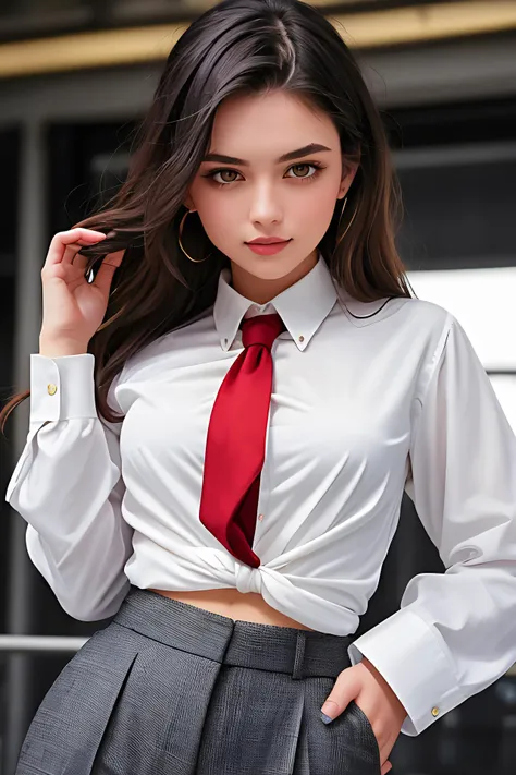 19 year old girl, tousled hair, much too big white crumpled men's shirt, shirt made of trousers, open shirt, red tie with a low knot, black suit trousers, city, dark night, dynamic pose, a sultry gaze, a slightly parted lips, and a hint of a smile, absurdres, masterpiece, 8k, high detail, intricate, best quality