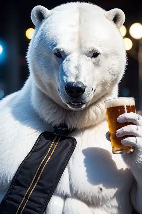 polar bear in full winter military uniform, holding a beer, anthropomorphic, super detail, ultra hd, 8k, real life, maximum facial detail, cinematic lighting