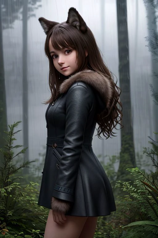 (dynamic angle:1.1), (cute face:1.2), dark sky, (nighttime:1.2), (rainy weather:1.2), detailed skin texture, furry, looking to the side, volumetric light, masterpiece, best quality, intricate details, subsurface scattering, young girl standing next a wolf, in the forrest