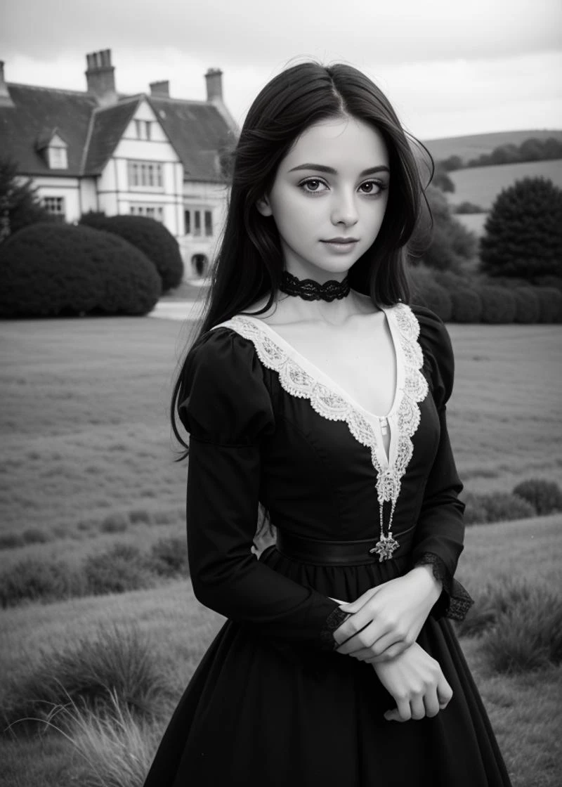 19th Century English Countryside \(style\) photograph of beautiful, fit 23 year old Cathy Earnshaw, Wild raven-black hair, stormy grey eyes, Flowing dress with lace collar, On the moors, a mysterious mansion in the distance, Kodak Box Brownie with 100mm f/11, 1/30s, ISO 100, Ilford HP5