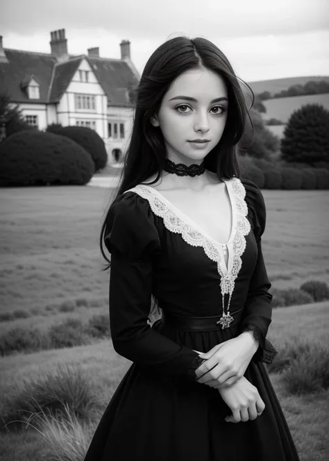 19th Century English Countryside  \(style\)  photograph of  beautiful, fit 23 year old  Cathy Earnshaw, Wild raven-black hair, stormy grey eyes, Flowing dress with lace collar, On the moors, a mysterious mansion in the distance, Kodak Box Brownie with 100mm f/11, 1/30s, ISO 100, Ilford HP5