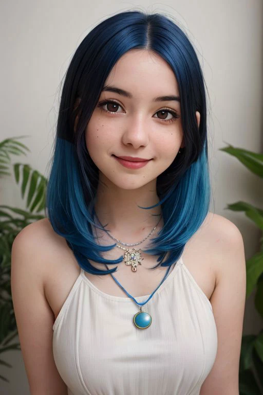 a young woman with blue hair and a flower necklace is posing for the camera, 1girl, solo, mole, looking at viewer, long hair, black hair, mole under mouth, lips, smile, RAW photo, subject, 8k uhd, dslr, soft lighting, high quality, film grain, Fujifilm XT3