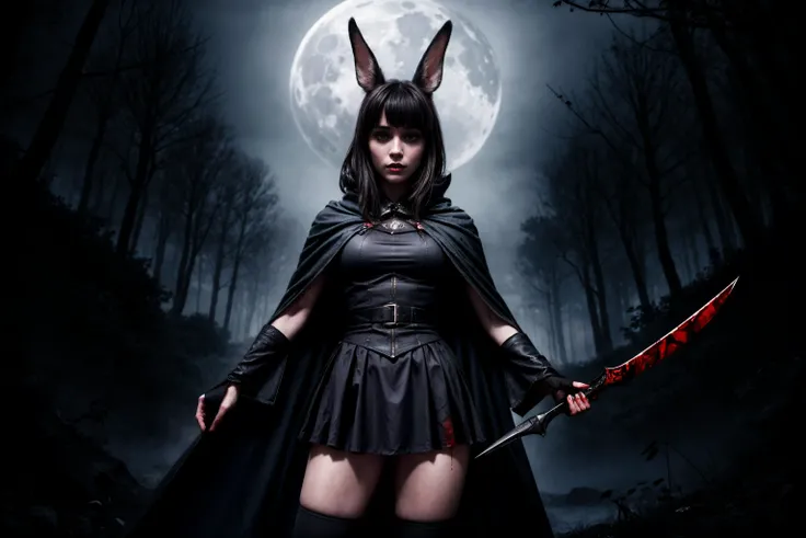 AS-YoungV2, The cute madness curvy rabbit-girl is depicted in full height, standing on its hind legs, with a threatening expression on its face. her coat has a dark gray shade, which creates an atmosphere of mystery and danger. The killer rabbit-girl is dressed in a (black cloak stained with blood:1.3), which gives her mystery and inaccessibility. In her front paws he holds a weapon - a knife or a dagger, which is a symbol of his cruelty and ruthlessness. She is ready for action, her eyes are full of an ominous gleam, and his mustache is directed downwards, creating the effect of tension and readiness to attack.
The background of the picture is dark and gloomy to emphasize the character of the character. the night sky with the moon and the dark forest, adding mystery and horror. <lora:add_detail:1>
