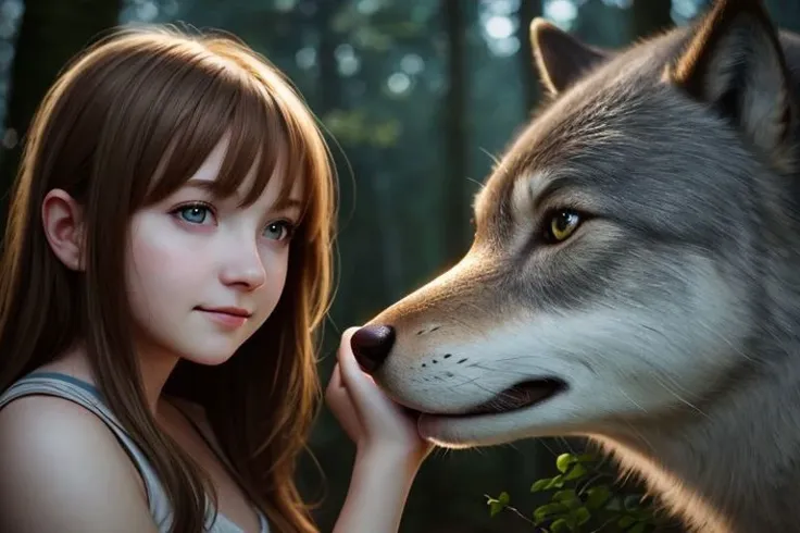 (dynamic angle:1.1), (cute face:1.2), (nighttime:1.2), detailed skin texture, looking to the side, volumetric light, masterpiece, best quality, intricate details, subsurface scattering, 20 years old girl standing next a wolf, in the forrest