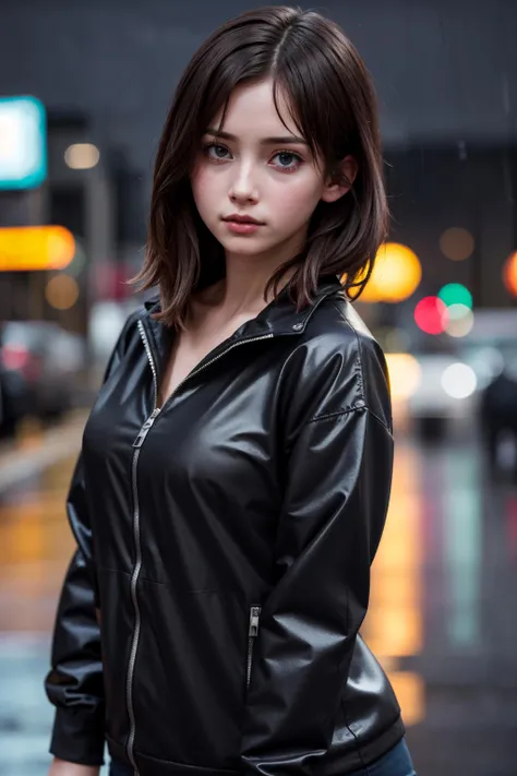 (dynamic angle:1.1), (cute face:1.2), dark sky, (nighttime:1.2), (rainy weather:1.2), detailed skin texture, photo of angry girl in the street, looking to the side, wet hair, volumetric light, masterpiece, best quality, intricate details, subsurface scattering