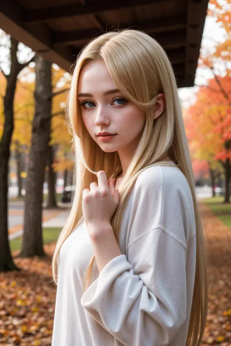 beautiful girl wearin in oversized clothes points her finger at the viewer, long blonde hair, (upper body:1.2), autumn leaves, outdoors, volumetric light, cinematic, golden hour, natural lighting, natural lighting,