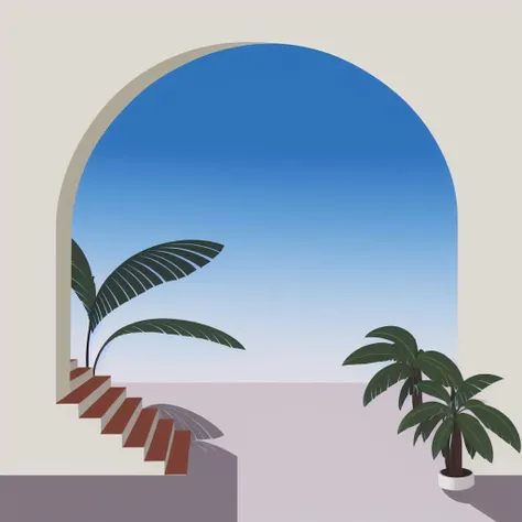 (masterpiece),(high quality), best quality,super detailed, (full detail),(4k),8k,tree, palm tree, no humans, plant, sky, blue sky, outdoors, day, leaf, window, no lineart, building, scenery, stairs, shadow<lora:XSArchi_144:1>