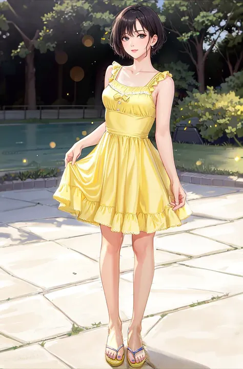 <lora:RealFlipFlops:0.9>, <lora:edgChamYellowSundress:1>, Masterpiece, best quality, standing woman wearing a yellow sundress, short hair, RealFlipFlops, public park, (high detailed skin:1.2), (8k uhd:1.2), dslr, soft lighting, high quality, film grain, Fujifilm XT3