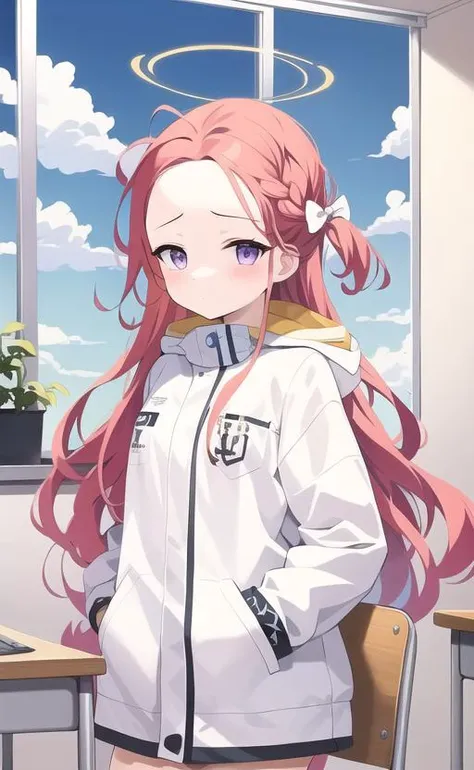 extremely detailed CG unity 8k wallpaper,((masterpiece)),(light),(best quality), (illustration),Indoor,in classroom, window, landscape, white wall, computer desk, laptop,beautiful detailed sky,chair, blue sky,
BREAK
masterpiece,(best quality, illustration,detailed face:1.3),(1girl,solo:1.3),beautiful detailed eyes, gradient, purple eyes,red hair,horsetail,small breasts,
BREAK
long hair,ultra-detailed,dressed,sfw,white jacket,white hair bow,white hair bows,hood,hoodie<, halo <lora:HanaokaYuzuV012:0.7>