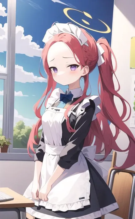 extremely detailed CG unity 8k wallpaper,((masterpiece)),(light),(best quality), (illustration),Indoor,in classroom, window, landscape, white wall, computer desk, laptop,beautiful detailed sky,chair, blue sky,
BREAK
masterpiece,(best quality, illustration,detailed face:1.3),(1girl,solo:1.3),beautiful detailed eyes, apron, gradient_background, gradient, maid, purple eyes,red hair,small breasts,
BREAK
enmaided, white_apron, black_dress, ponytail, black_footwear, frilled_apron, dress, maid_apron, alternate_hair,very long hair, split_ponytail, halo <lora:HanaokaYuzuV012:0.7>
