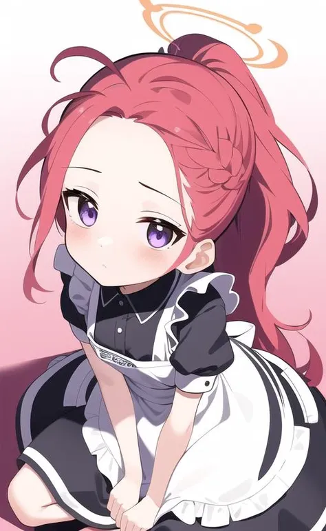 masterpiece,(best quality, illustration,detailed face:1.3),(1girl,solo:1.3),beautiful detailed eyes, apron, gradient_background, gradient, maid, purple eyes,red hair,small breasts,
BREAK
enmaided, white_apron, black_dress, ponytail, black_footwear, frilled_apron, dress, maid_apron, alternate_hair,very long hair, split_ponytail, halo <lora:HanaokaYuzuV012:0.7>