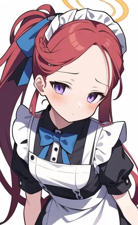 masterpiece,(best quality, illustration,detailed face:1.3),(1girl,solo:1.3),beautiful detailed eyes, apron, gradient_background, gradient, maid, purple eyes,red hair,small breasts, blue bowtie,
BREAK
enmaided, white_apron, black_dress, ponytail, black_footwear, frilled_apron, dress, maid_apron, alternate_hair,very long hair, split_ponytail, halo <lora:HanaokaYuzuV012p:0.7>