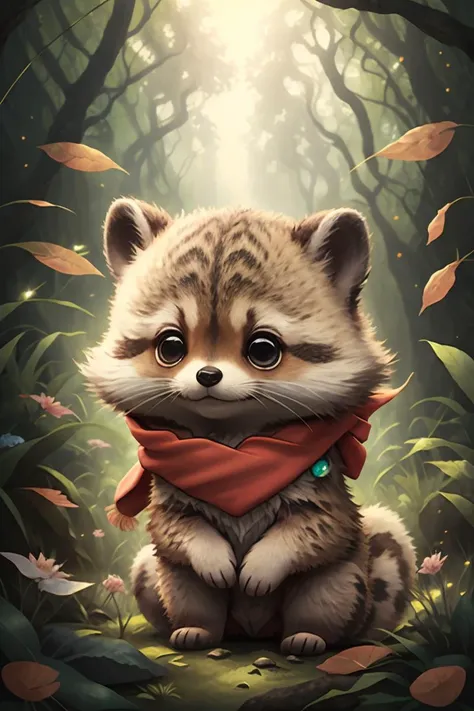 best quality,masterpiece,Fluffy,raccoon. red scarf, big eyes,<lora:1.5-Cute furry:0.8>,lawn,forest,paw pose,chibi,