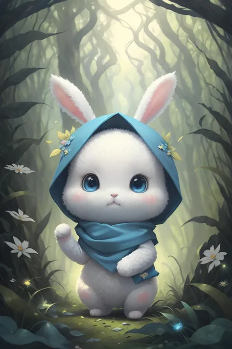 best quality,masterpiece,Fluffy,Bunny. Blue scarf, big eyes,<lora:1.5-Cute furry:0.8>,lawn,forest,paw pose,chibi,