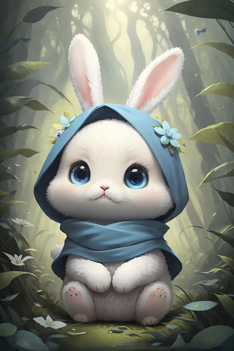 best quality,masterpiece,Fluffy,Bunny. Blue scarf, big eyes,<lora:1.5-Cute furry:0.8>,lawn,forest,paw pose,chibi,