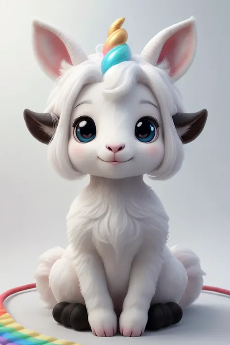 <lora:04hairy:0.45> HAIRY Anthropomorphic creature is a cross between a goat and a unicorn and a human, humanoid, rainbow body (rainbow body), (one black horn on her head) white mane, white hair, (white nose), in the fozen wilds, ornaments, lights, big eyes, White hair, Fluffy,