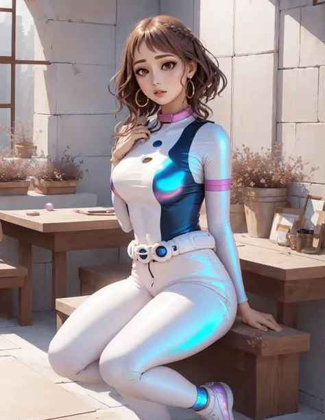 masterpiece, best quality, beautiful woman, full body, detailed hairstyle, ompletly sweated, hoop earrings, golf bangle, choker, mature female, indoors, <lora:uraraka_ochako:1> uraraka_ochako, bodysuit, sidelocks, shirt, large breasts, superhero <lora:iridescent_clothing-1.0:1> iridescent clothing