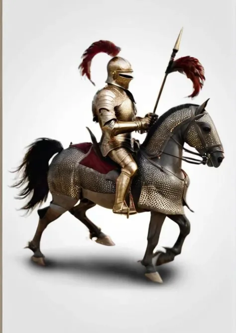 Photo-realistic high resolution photography of simple white background, full body view of a man wearing <lora:gothic armor:0.8> gilded black full plate gothic armor and a plumed closed helmet, riding an armoured warhorse, charging forward with a lance in hand, bokeh, LDSR, Depth of Field, OverallDetail