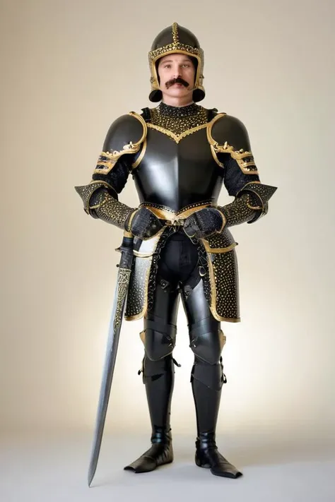 Photo-realistic high resolution photography of simple white background, full body view of a man with a mustache wearing <lora:gothic armor:0.8> gilded black full plate gothic armor, neck armor, helmet, shoulder armor, thigh armor, holding a big long sword with both hands, bokeh, LDSR, Depth of Field, OverallDetail