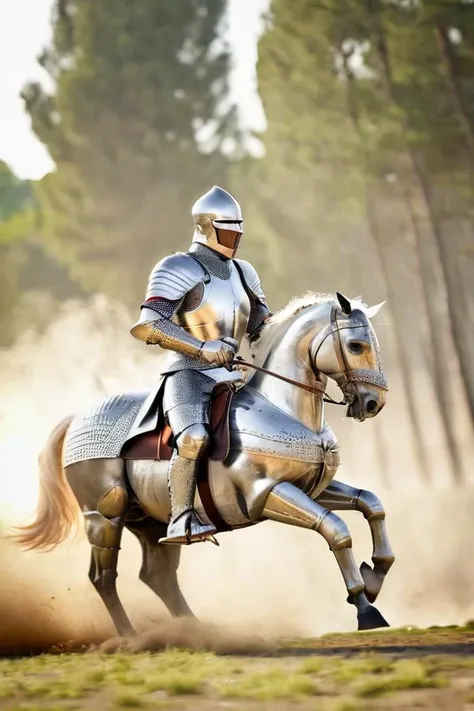 Photo-realistic high resolution photography of simple white background, full body view of a man wearing <lora:gothic armor:0.8> silver full plate gothic armor and a helmet, riding a plate-armored warhorse, charging forward with a golden lance, bokeh, LDSR, Depth of Field, OverallDetail