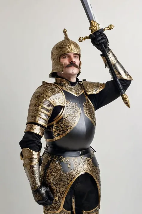 Photo-realistic high resolution photography of simple white background, full body view of a man with a mustache wearing <lora:gothic armor:0.8> gilded black full plate gothic armor and a closed helmet, raising a big long sword with both hands over his head, bokeh, LDSR, Depth of Field, OverallDetail