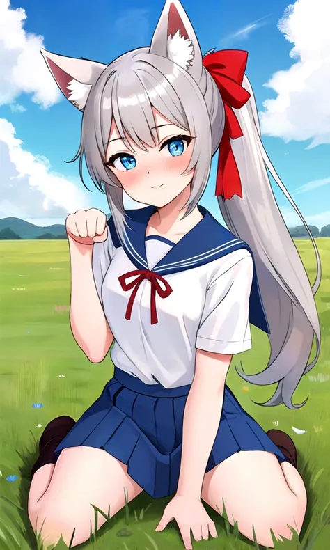 highres, solo, grey hair, blue eyes, school uniform, white shirt, blue skirt, wariza, animal ears, ponytail, red ribbon, paw pose, hand between legs, looking at viewer, head tilt, blush, outdoor, grass, sky,