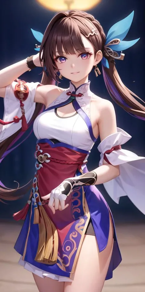 <(photorealistic:1.3), (intricate details:1.2), small head>, upper shot, BREAK, <teenager, ultra high res, 8k uhd, dslr, film grain, perfect anatomy, detailed skin>, solo focus, looking at viewer, parted lips, 1girl,(best illumination, best shadow, an extremely delicate and beautiful, bloom), high saturation, perfect female body, mature female 1girl, gorgeous,li sushang (jade knight), chinese clothes, china dress, pelvic curtain, official costume, multicolored hair, two-tone hair, brown hair, (blue hair:1.3), wing hair ornament, 1girl, dress, long hair, white dress, solo, gloves, hair ornament, breasts, bare shoulders, looking at viewer, twintails, white gloves, bangs, smile, jewelry, brown eyes, purple eyes, closed mouth, sleeveless dress, one eye closed, two-finger salute
