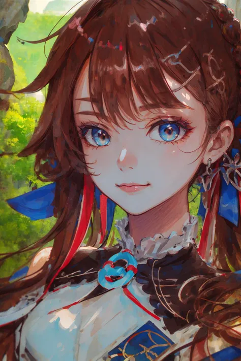 (masterpiece, top quality, best quality, official art, beautiful and aesthetic:1.2),portrait,
detailed background,nature,canyon,
1girl,solo,li sushang,detailed eyes,light smile,li sushang (jade knight),li sushang,chinese clothes,china dress,official costume,multicolored hair,two-tone hair,brown hair,blue hair,bangs,wing hair ornament,naughty_face,breasts,
<lora:li_sushang_test15_lion_optimizer_bf16:1>,<lora:ç¼çå:0.5>,