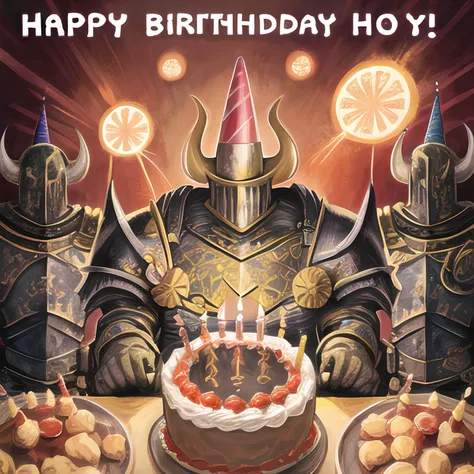 chaos warrior, (masterpiece), absurdres, (absurdly detailed:1.1), undivided, 2D, solo, best quality, <lora:chaoswarrior:0.8>, (party hat:1.2), (birthday:1.2), (happy), (helmet), boys only