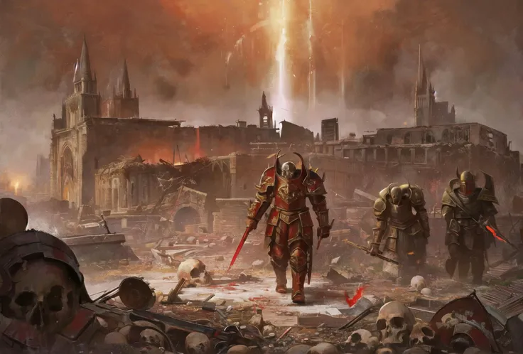 a small group of (chaos warrior:1.1) armed with weapons walking inside the (ruins) of a destroyed gothic cathedral, battlefield, zoomed-out, view from above, (khorne:1.4), middle age, skulls on the ground, red armor, (red helmet), satanic,
Repetition, Distorted,Shadowy,Bloodcurdling, Drizzle,Gloomy, Barbed wire,
in the style of (Beksinski:1.2), highly detailed, intricate details, dry brush, oil on canvas, Split-complementary, Sfumato, , high resolution, 8k, 4k,
<lora:chaosWarriorLora_v10:1>,<lora:water_lily:0.35:OUTALL>