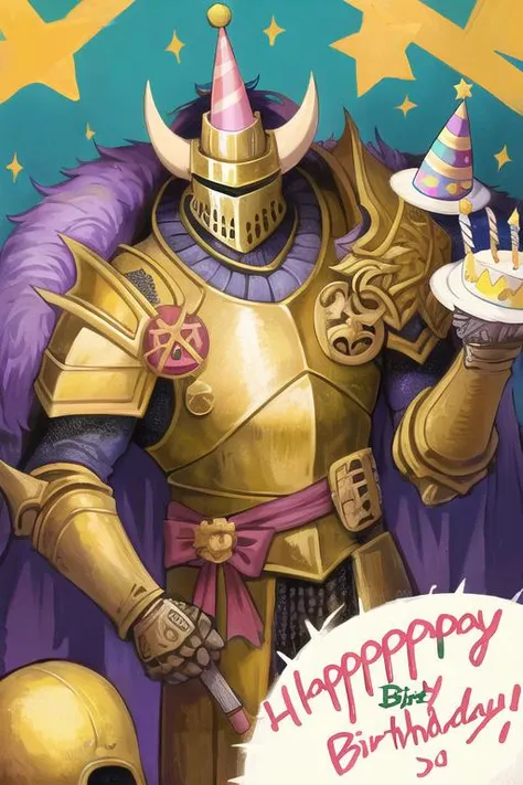 chaos warrior, (masterpiece), absurdres, (absurdly detailed:1.1), undivided, 2D, solo, best quality, <lora:chaoswarrior:0.8>, (party hat:1.2), (birthday:1.2), (happy), (helmet), boys only