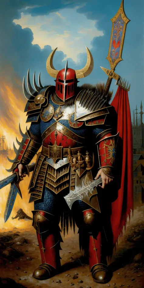 oil painting of chaos warrior, (masterpiece), absurdres, (absurdly detailed:1.2), undivided, 2D, solo, best quality, dirty, bloodstained, dirty armor, satanic, detailed background
<lora:chaosWarriorLora_v10:1>