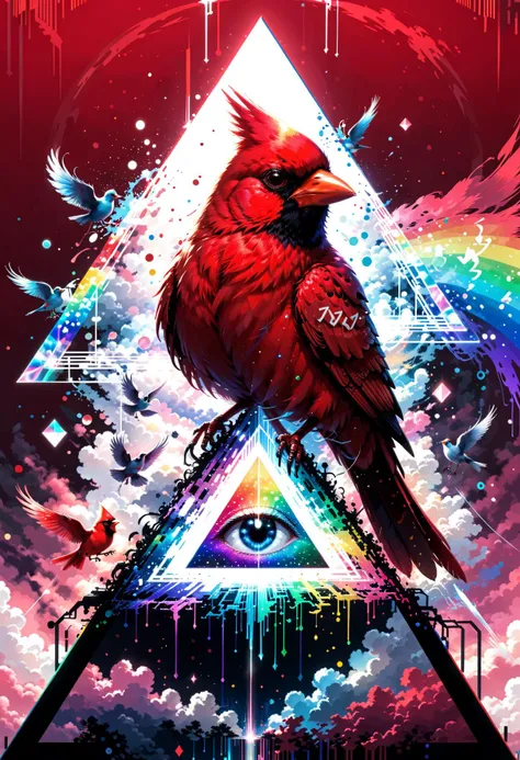 Anime Glitch, rainbow pyramid, (red cardinal bird:1.3), (art by Shigenori Soejima:1.2)
<lora:GlitchGirlModel1Final:1.0>
<lora:xl_more_art-full_v1:0.75>