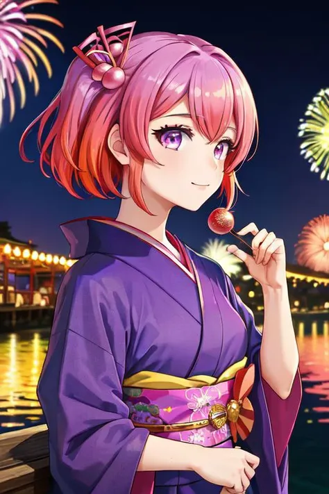 (masterpiece), (best quality:1.4, high quality:1.4, scenery:1.1), upper body, outdoors, night view, fireworks, festival, 1girl, solo focus, otonokoji kanade, pink eyes, musical note hair ornament, MULTICOLORED HAIR, GRADIENT HAIR, PURPLE HAIR, PINK HAIR, kimono