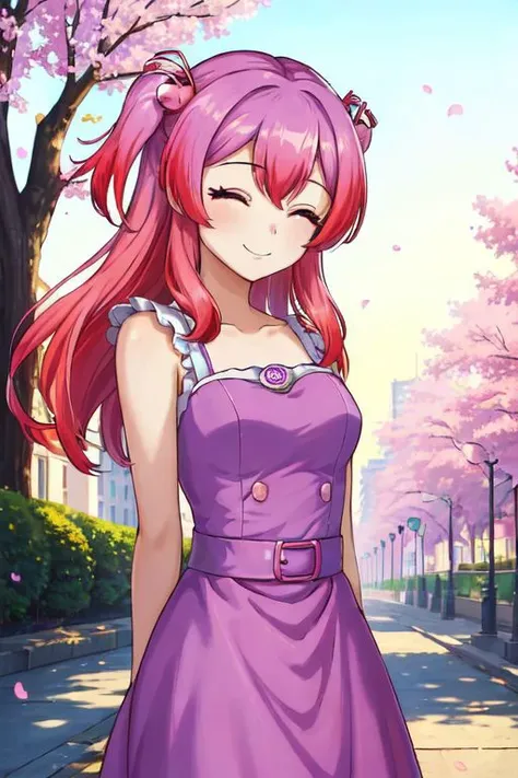 (masterpiece), (best quality:1.4, high quality:1.4), outdoors, looking at viewer, 1girl, otonokoji kanade, one eye closed, pink eyes, tilt head, long hair, multicolored hair, gradient hair, purple hair, pink hair, gown, pink dress, arms behind back, smile