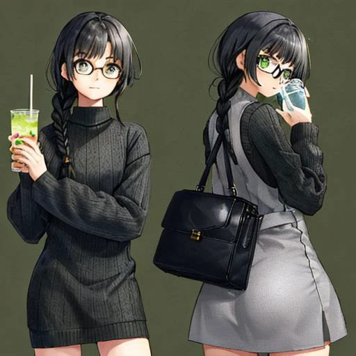 1girl, small_breast, big_ass, mini_dress, grey_dress, black_sweater, black_hair, green_eyes, circle_glasses, braided_hair, holding a phone, holding a drink