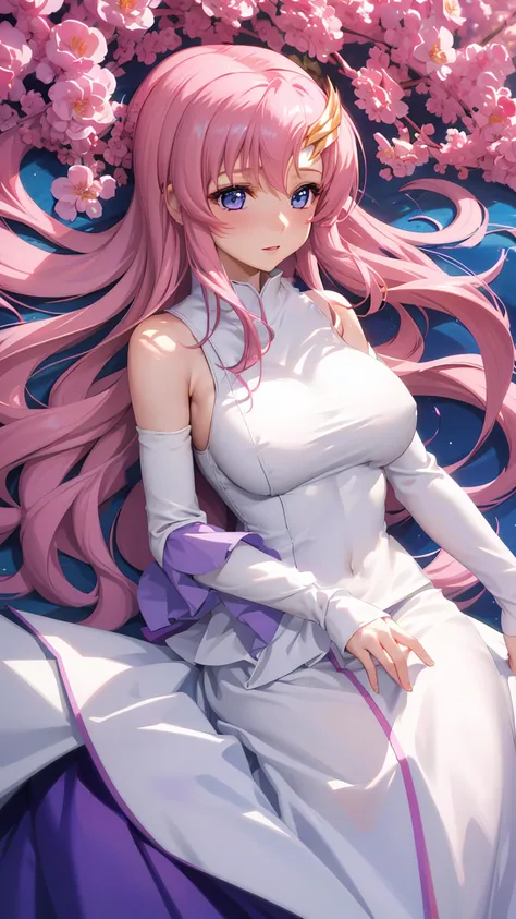 1girl, solo, masterpiece, best quality, highres, perfect lighting, bloom, cinematic lighting,<lora:lacus:0.7>, lacus1, pink hair, straight hair, hair ornament, white detached sleeves, blue eyes, white dress, purple skirt, very long hair, bare shoulders, large breasts,