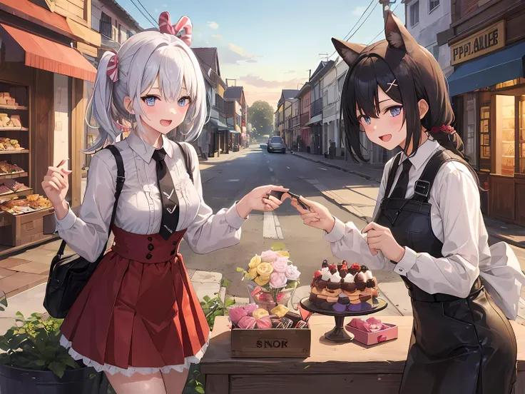 2 girls, A town full of sweets.
base quality, ultra detailed.