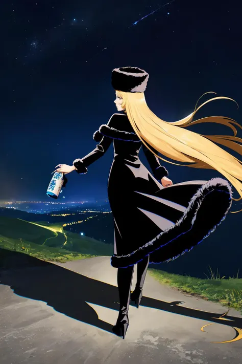 (masterpiece:1.3), best quality:1.4, detailed unity 8k wallpaper, highres, absurdres:1.2, perfect lighting, cinematic shadows, highly detailed background, BREAK
super-perfect anatomy head face limbs arms hands fingers legs:1.4, BREAK
(super-beautiful-detailed 1woman attractive-body sagging-breasts pussy hand nose character-design very-long-blonde-hair decorations long-eyelashes fur-trim black-headwear long-dress boots:1.2), slender:1.5, constricted waist:1.3, solo, BREAK
maetel, (holding sake-bottle:1.2), <lora:maetel:0.6>, night sky, late night, countryside, outdoor, (rrunning:1.2, from behind above, wide shot)