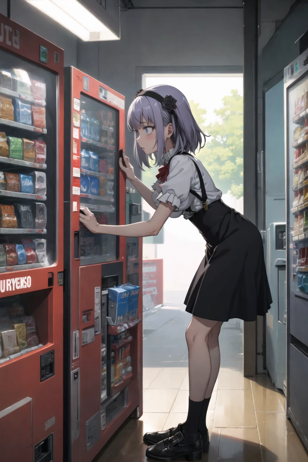 (masterpiece, best quality, ultra-detailed), <lora:Shidare_Hotaru:0.7>, 1girl, HtrShdr-KJ, black skirt, hair ornament, bow, shirt, suspender skirt, hair ribbon, high-waist skirt, hair flower, hairband, vending machine, leaning leaning forward, from side